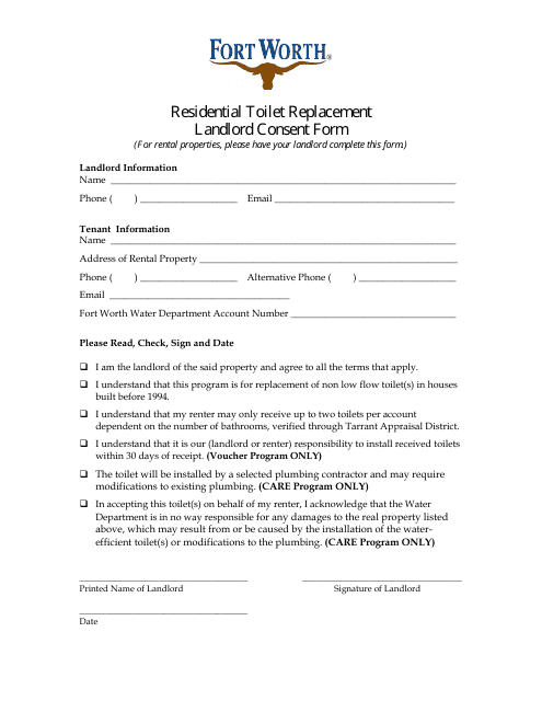 Residential Toilet Replacement Landlord Consent Form - City of Fort Worth, Texas