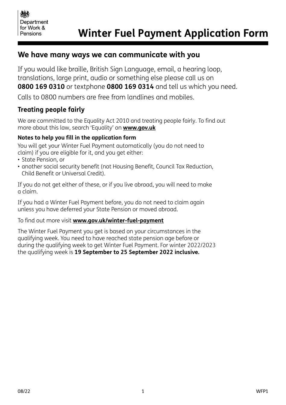 Form WFP1 Winter Fuel Payment Application Form - United Kingdom, Page 2