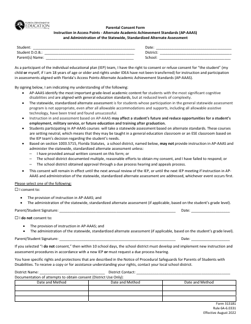 Form 313181 Parental Consent Form - Instruction in Access Points - Alternate Academic Achievement Standards (Ap-aaas) and Administration of the Statewide, Standardized Alternate Assessment - Florida