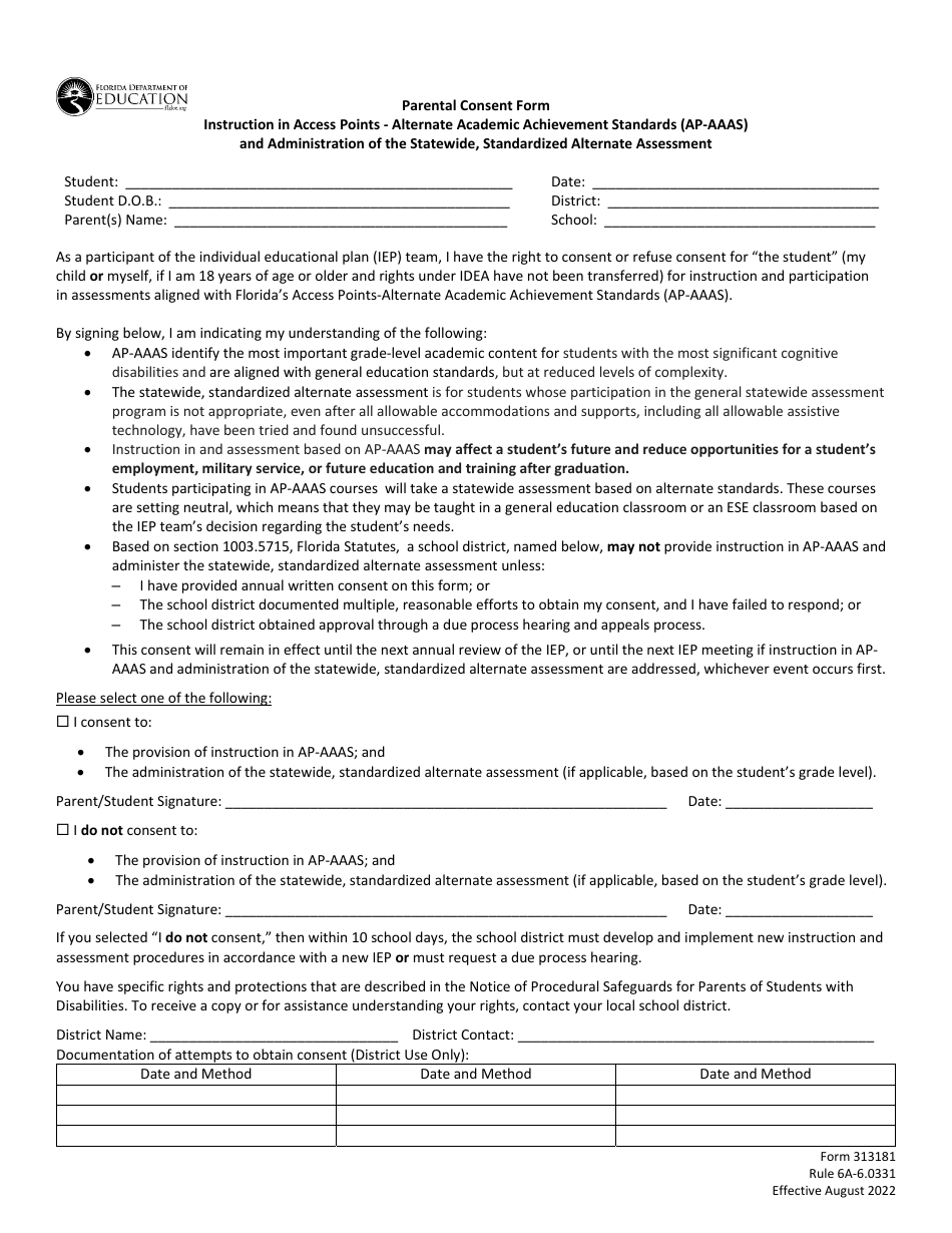 Form 313181 Parental Consent Form - Instruction in Access Points - Alternate Academic Achievement Standards (Ap-aaas) and Administration of the Statewide, Standardized Alternate Assessment - Florida, Page 1