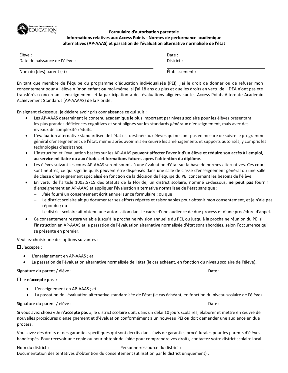 Form 313181 Parental Consent Form - Instruction in Access Points - Alternate Academic Achievement Standards (Ap-aaas) and Administration of the Statewide, Standardized Alternate Assessment - Florida (French), Page 1