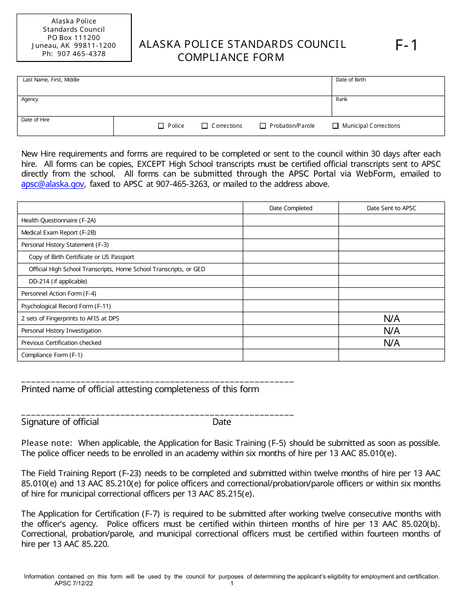Form F-1 Compliance Form - Alaska, Page 1