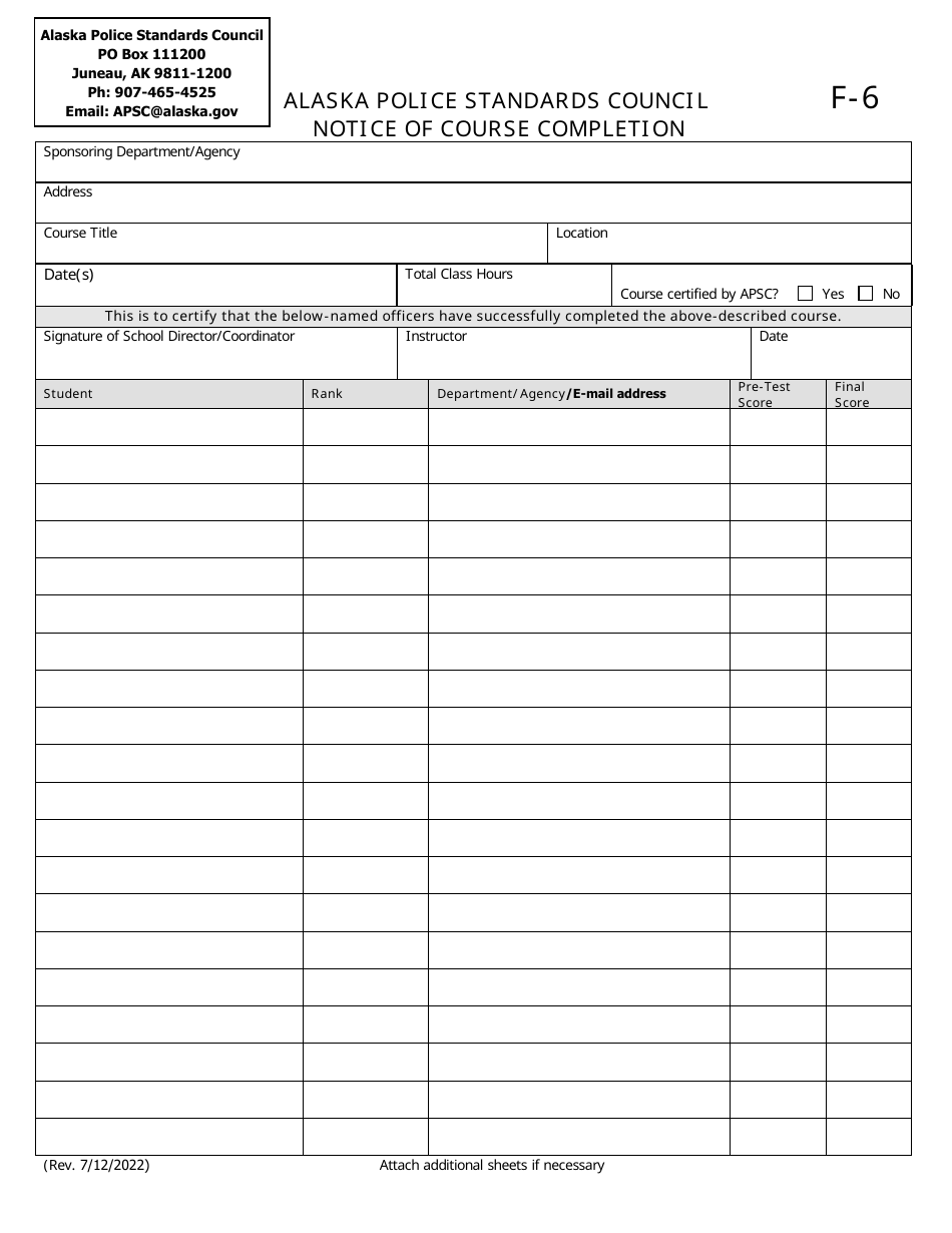 Form F-6 Notice of Course Completion - Alaska, Page 1