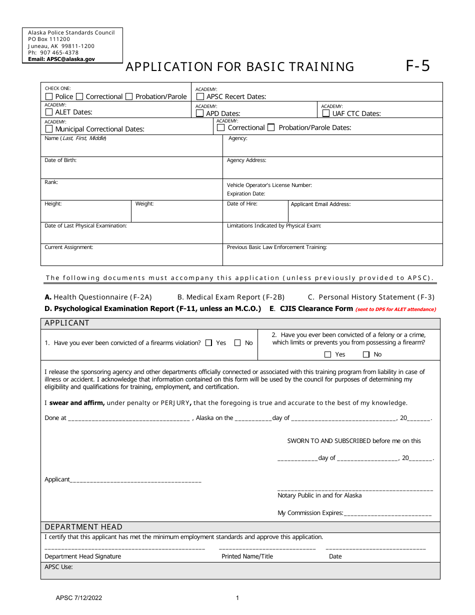 Form F-5 Application for Basic Training - Alaska, Page 1