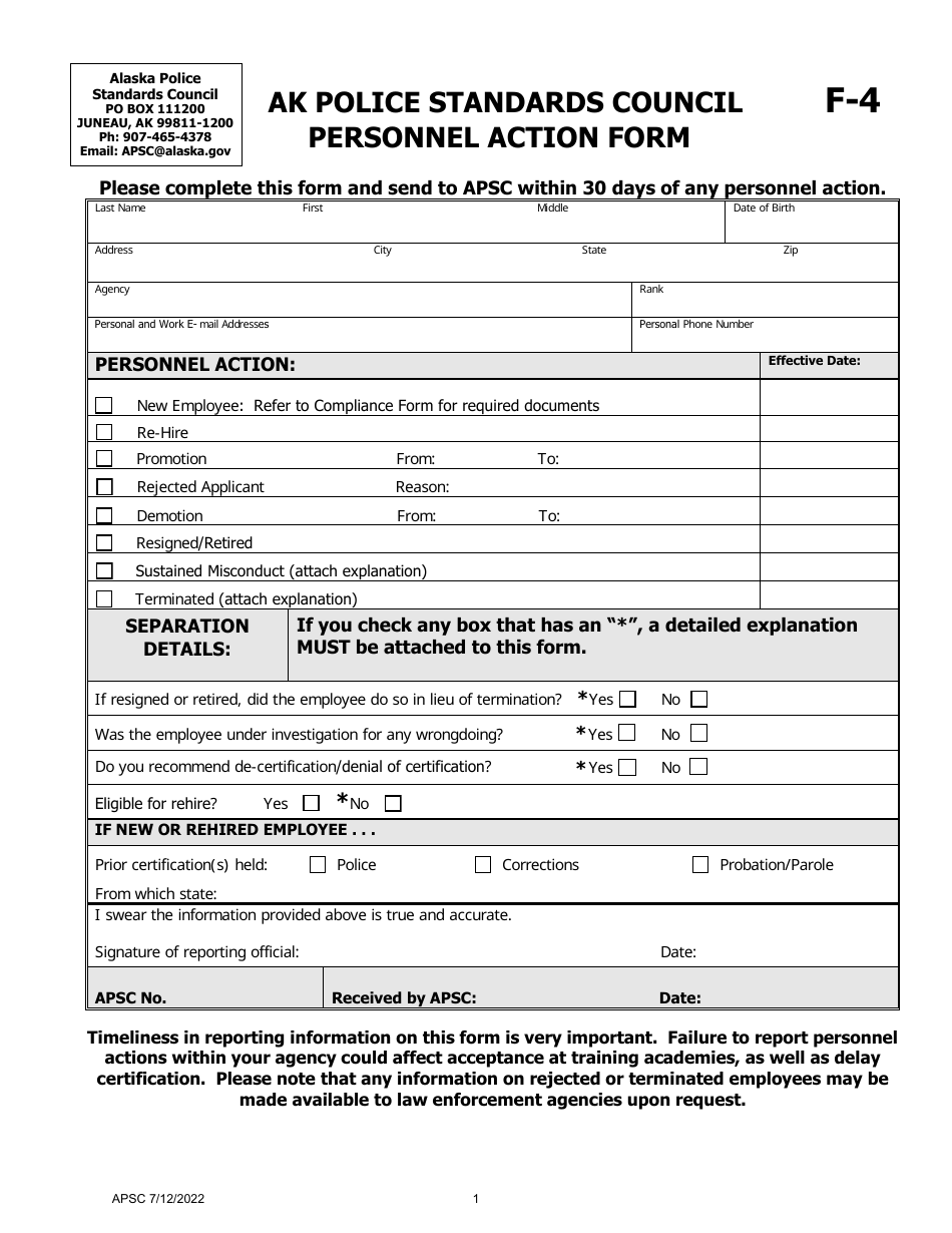 Form F-4 Personnel Action Form - Alaska, Page 1
