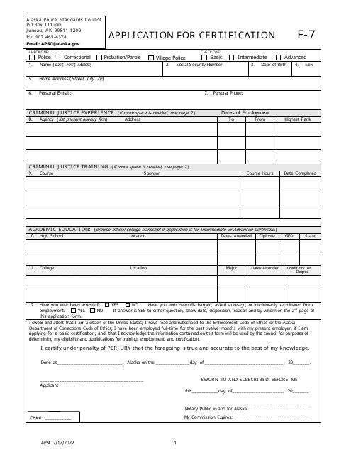 Form F-7 Application for Certification - Alaska