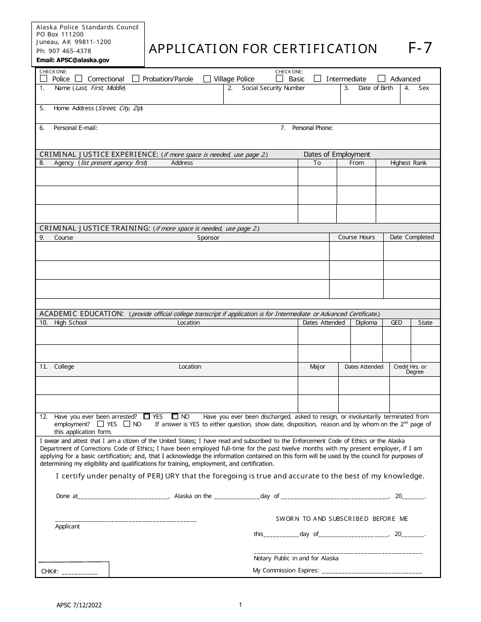 Form F-7 Application for Certification - Alaska, Page 1
