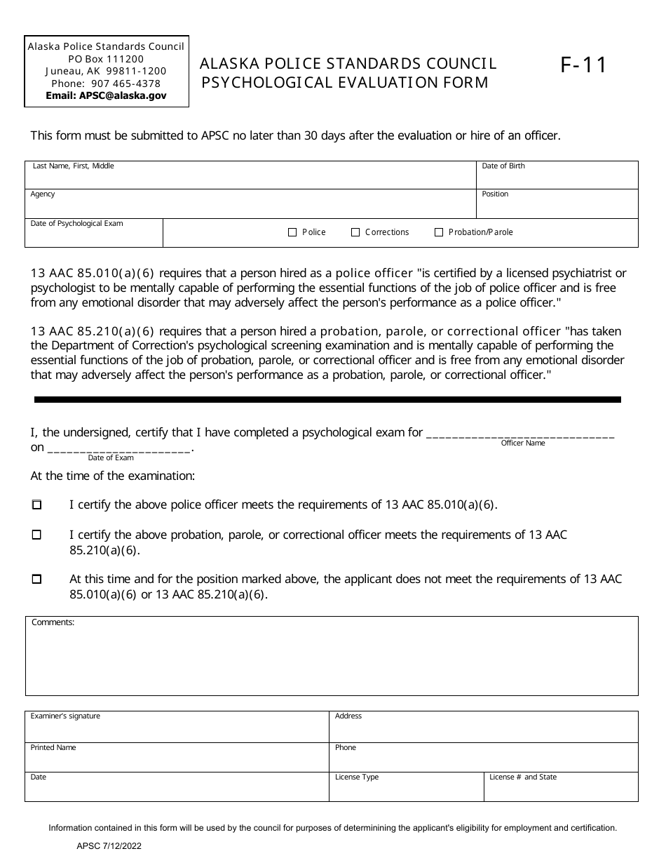 Form F-11 Psychological Evaluation Form - Alaska, Page 1