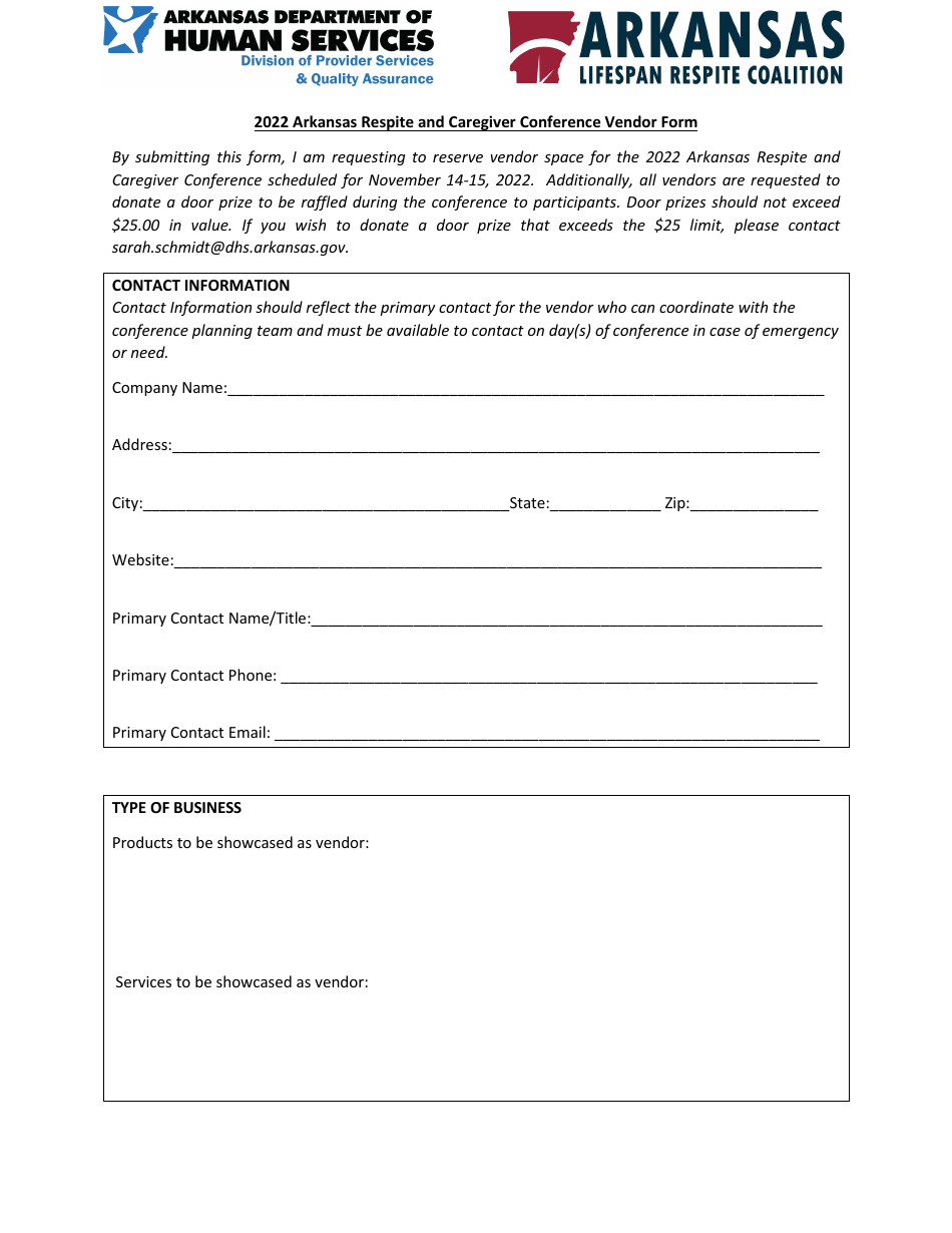 Arkansas Respite and Caregiver Conference Vendor Form - Arkansas, Page 1