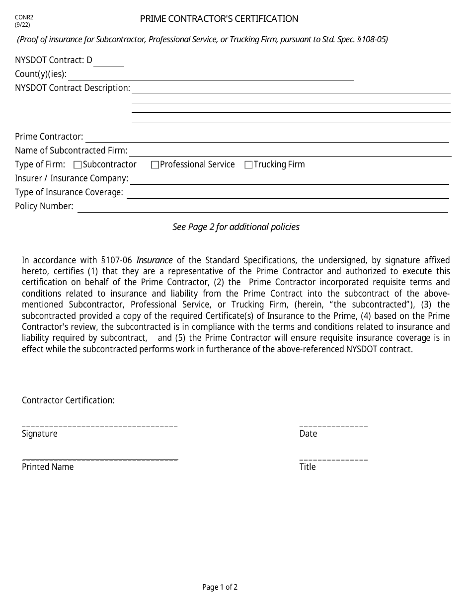 Form CONR2 Prime Contractors Certification - New York, Page 1