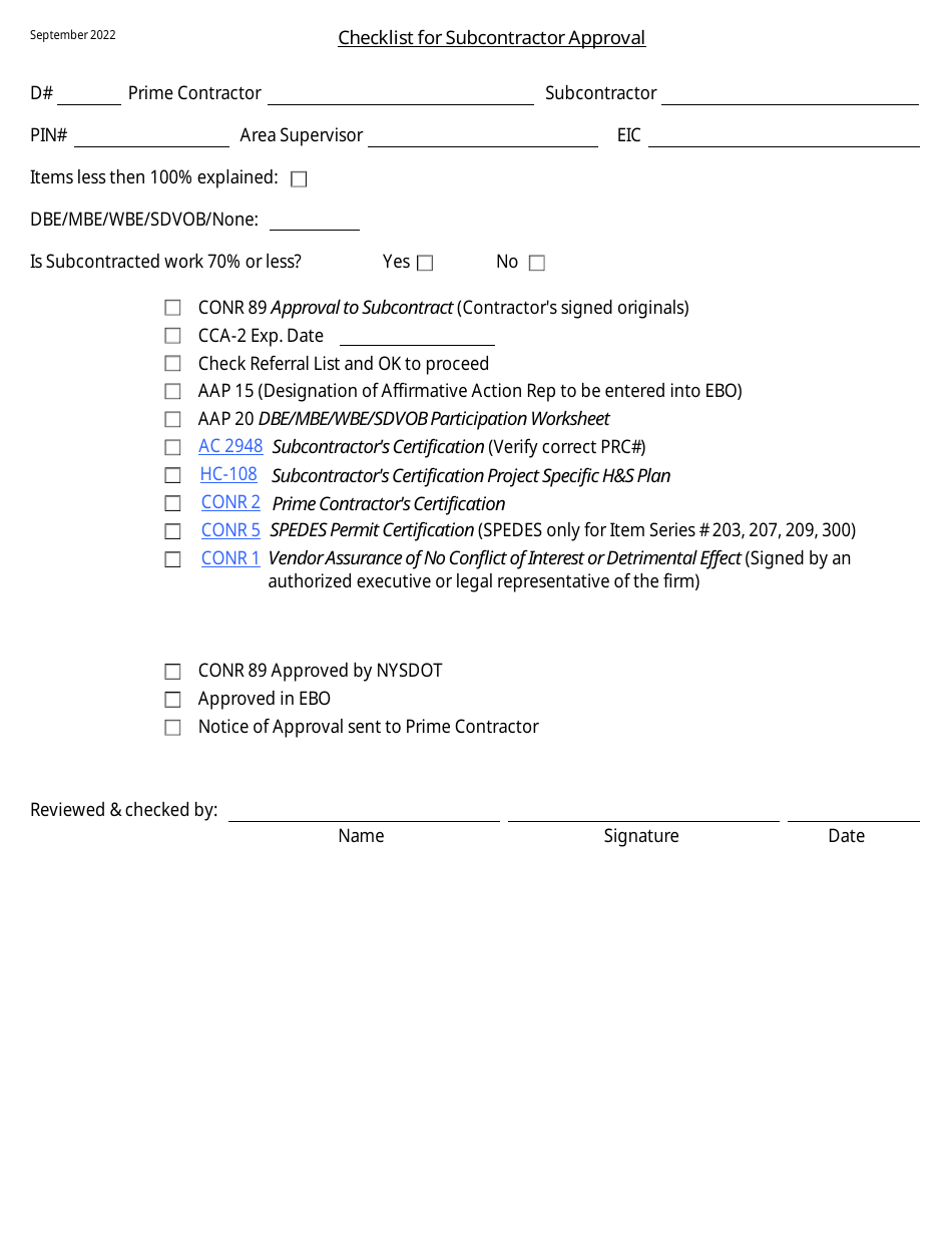 Checklist for Subcontractor Approval - New York, Page 1