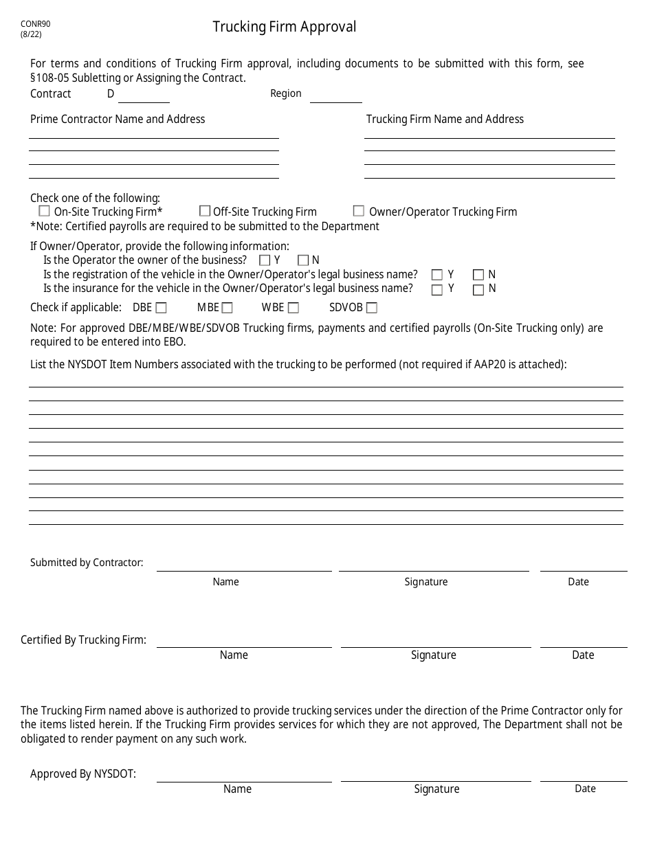 Form CONR90 Trucking Firm Approval - New York, Page 1