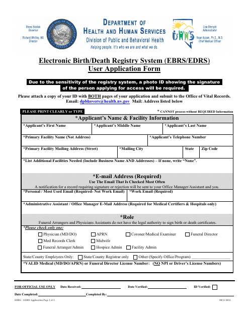 Electronic Birth / Death Registry System (Ebrs / Edrs) User Application Form - Nevada Download Pdf