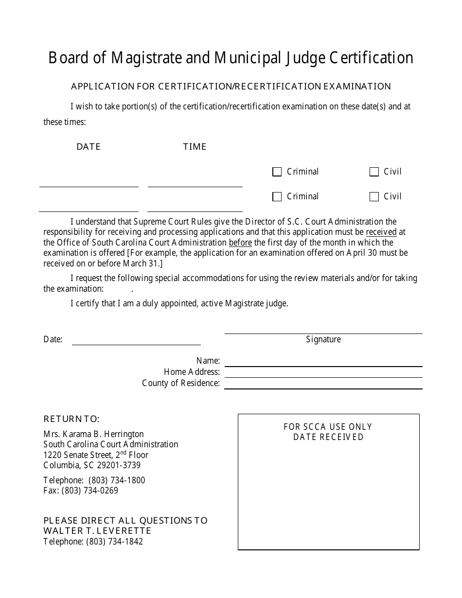 South Carolina Application for Certification/Recertification