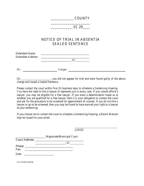 Form SCCA/520B Notice of Trial in Absentia - Sealed Sentence - South Carolina