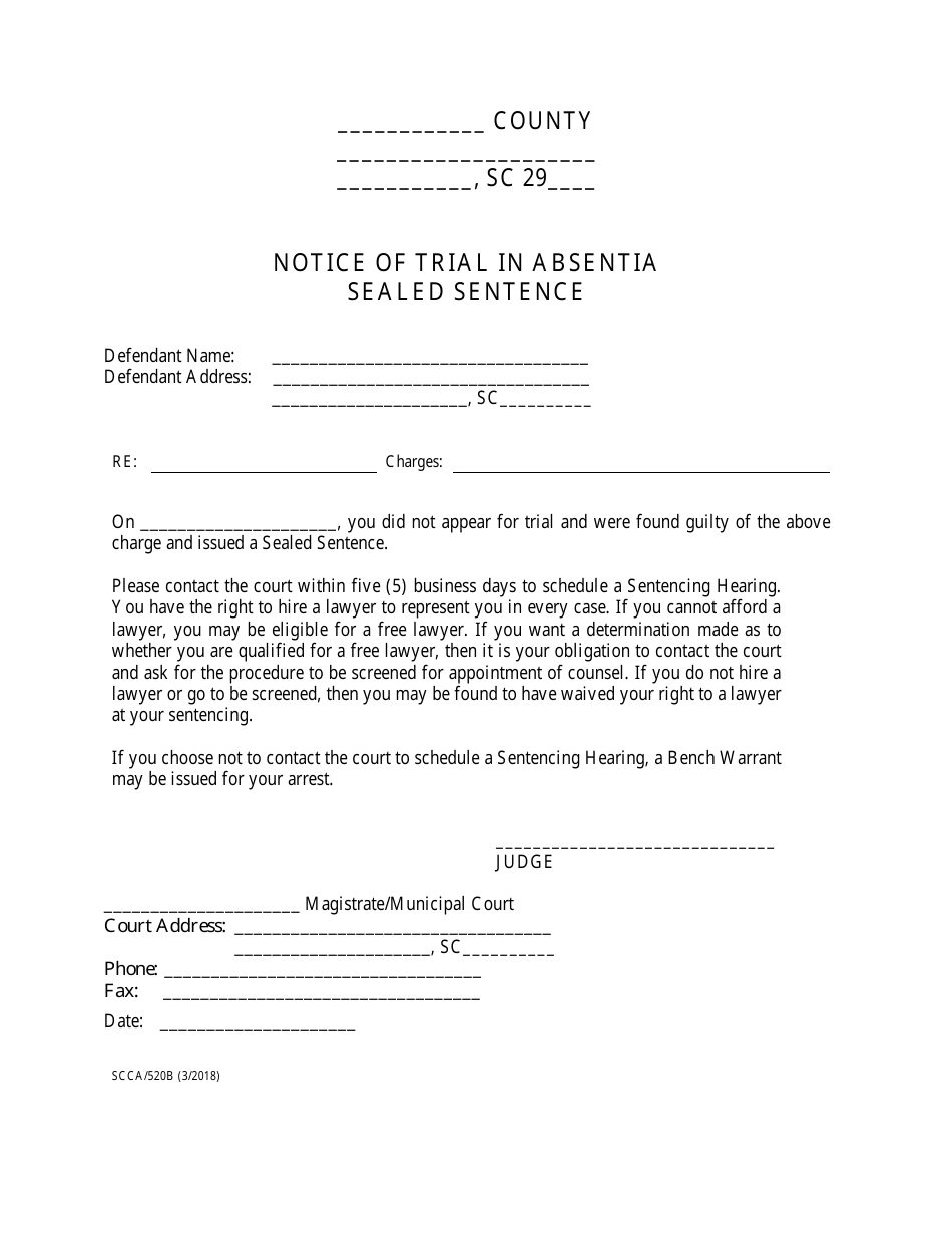Form SCCA / 520B Notice of Trial in Absentia - Sealed Sentence - South Carolina, Page 1