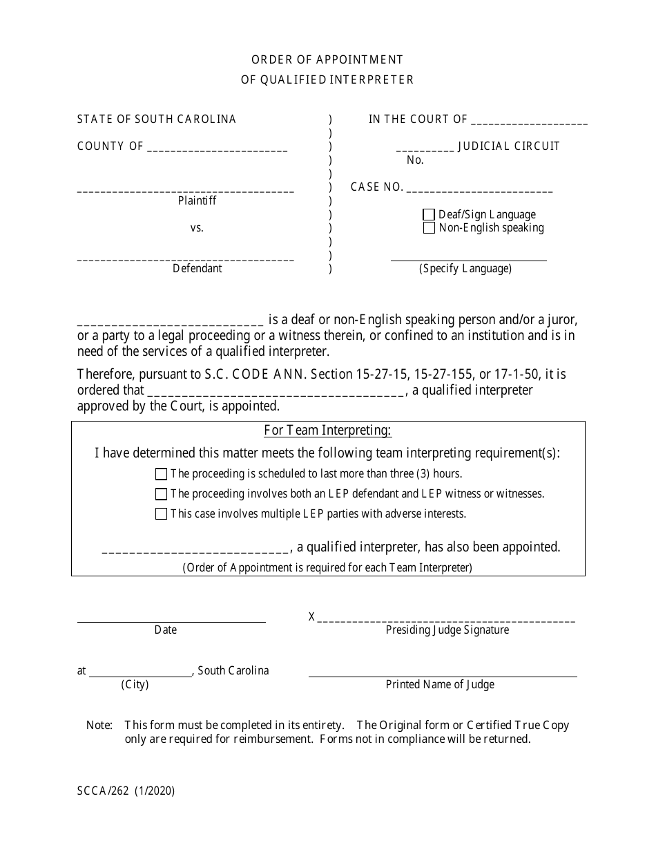 Form SCCA / 262 Order of Appointment of Qualified Interpreter - South Carolina, Page 1