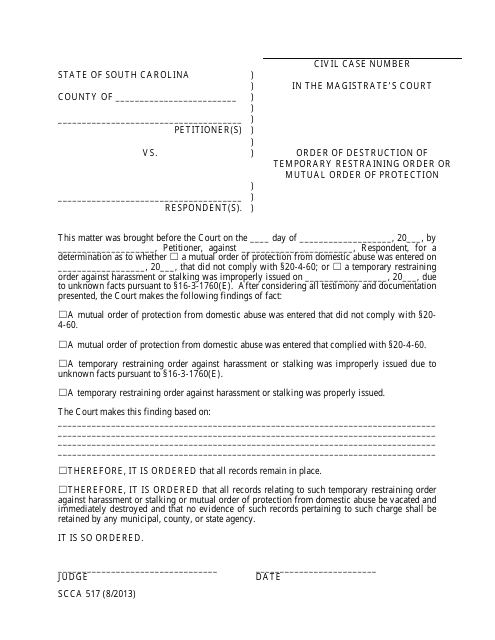 Form SCCA/517 Order of Destruction of Temporary Restraining Order or Mutual Order of Protection - South Carolina
