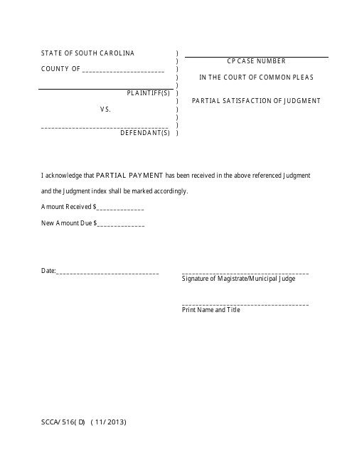 Form SCCA/516D Partial Satisfaction of Judgment - South Carolina