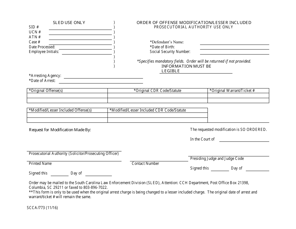 Form SCCA / 773 Order of Offense Modification / Lesser Included - South Carolina, Page 1
