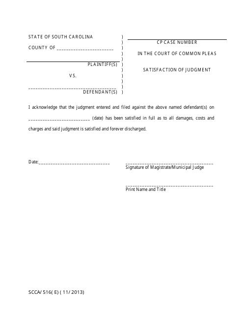 Form SCCA/516E Satisfaction of Judgment - South Carolina