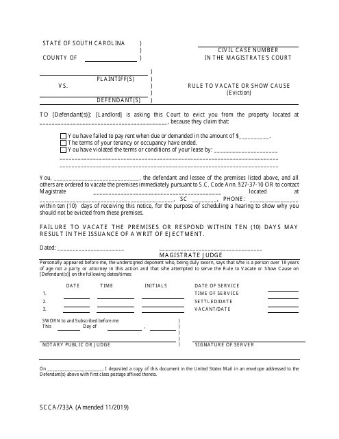 Form SCCA/733A Rule to Vacate or Show Cause (Eviction) - South Carolina