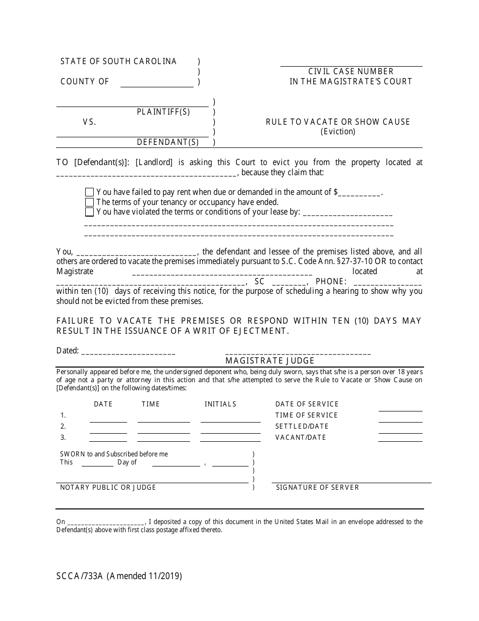 Form SCCA / 733A Rule to Vacate or Show Cause (Eviction) - South Carolina, Page 1