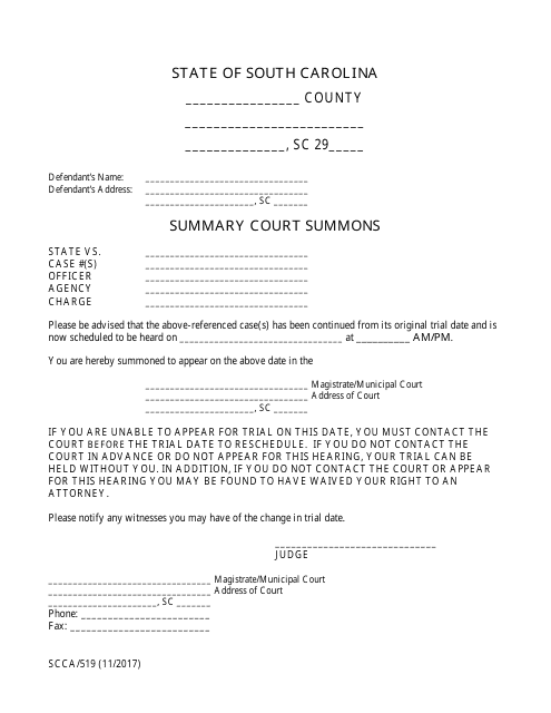Form SCCA/519 Summary Court Summons - South Carolina