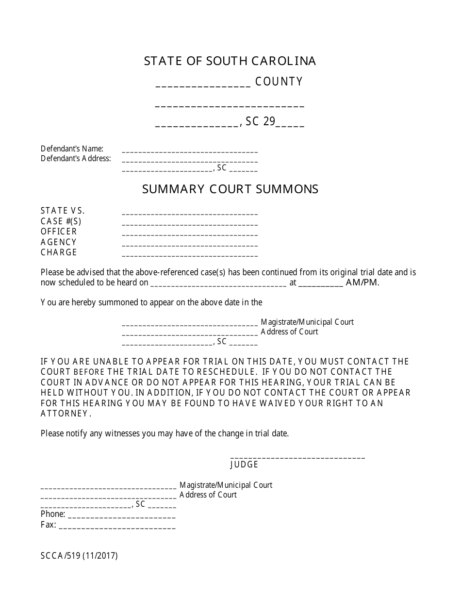 Form SCCA / 519 Summary Court Summons - South Carolina, Page 1