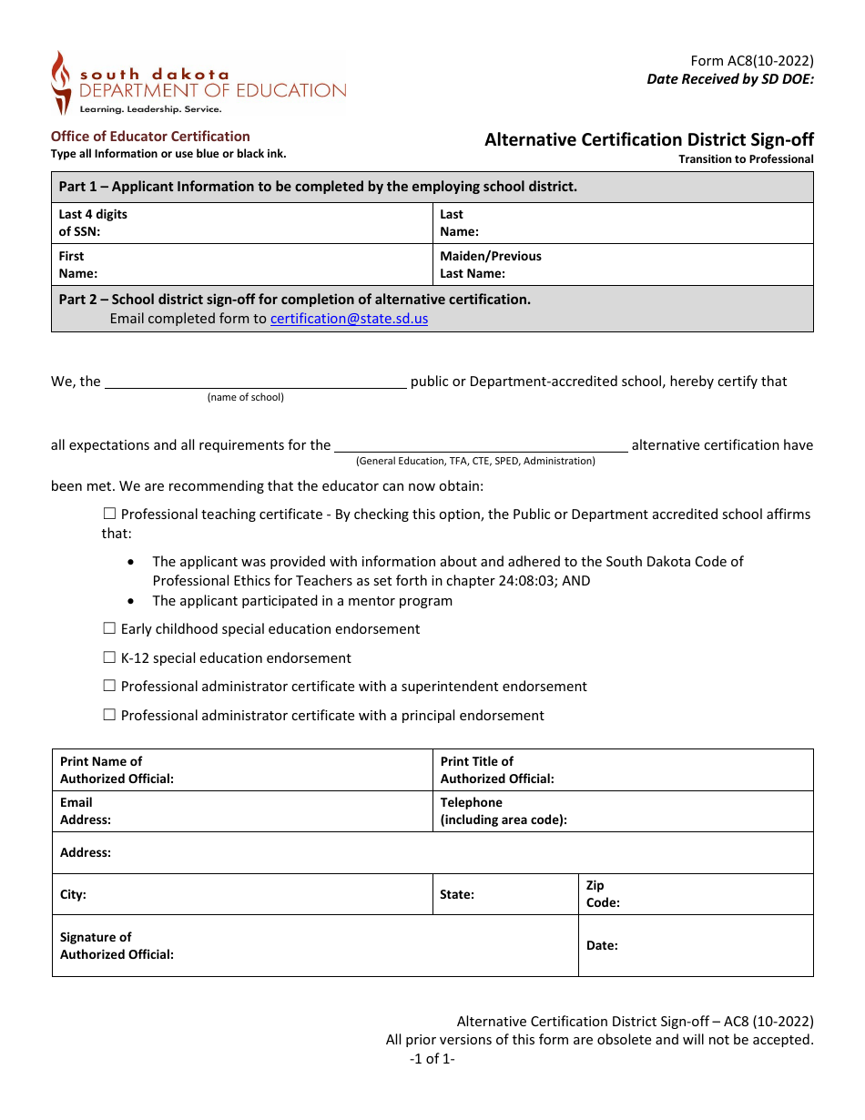 Form AC8 Alternative Certification District Sign-Off - Transition to Professional - South Dakota, Page 1