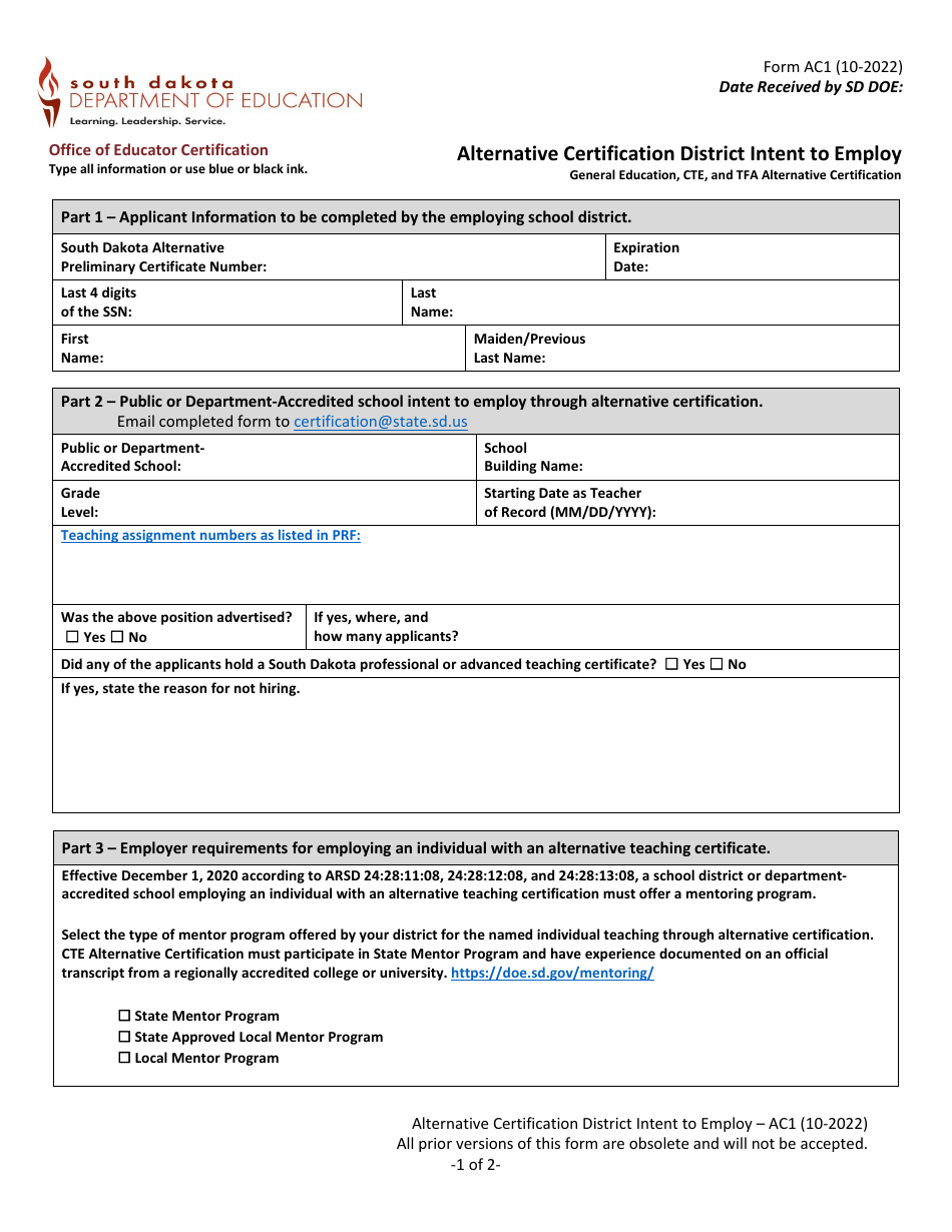 Form AC1 Download Fillable PDF or Fill Online Alternative Certification