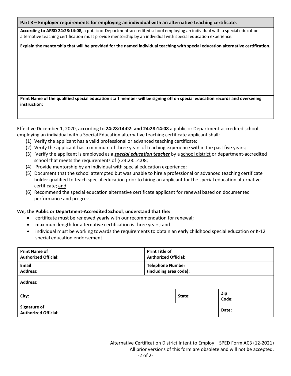 Form AC3 Alternative Certification District Intent to Employ - Special Education Alternative Certification - South Dakota, Page 2