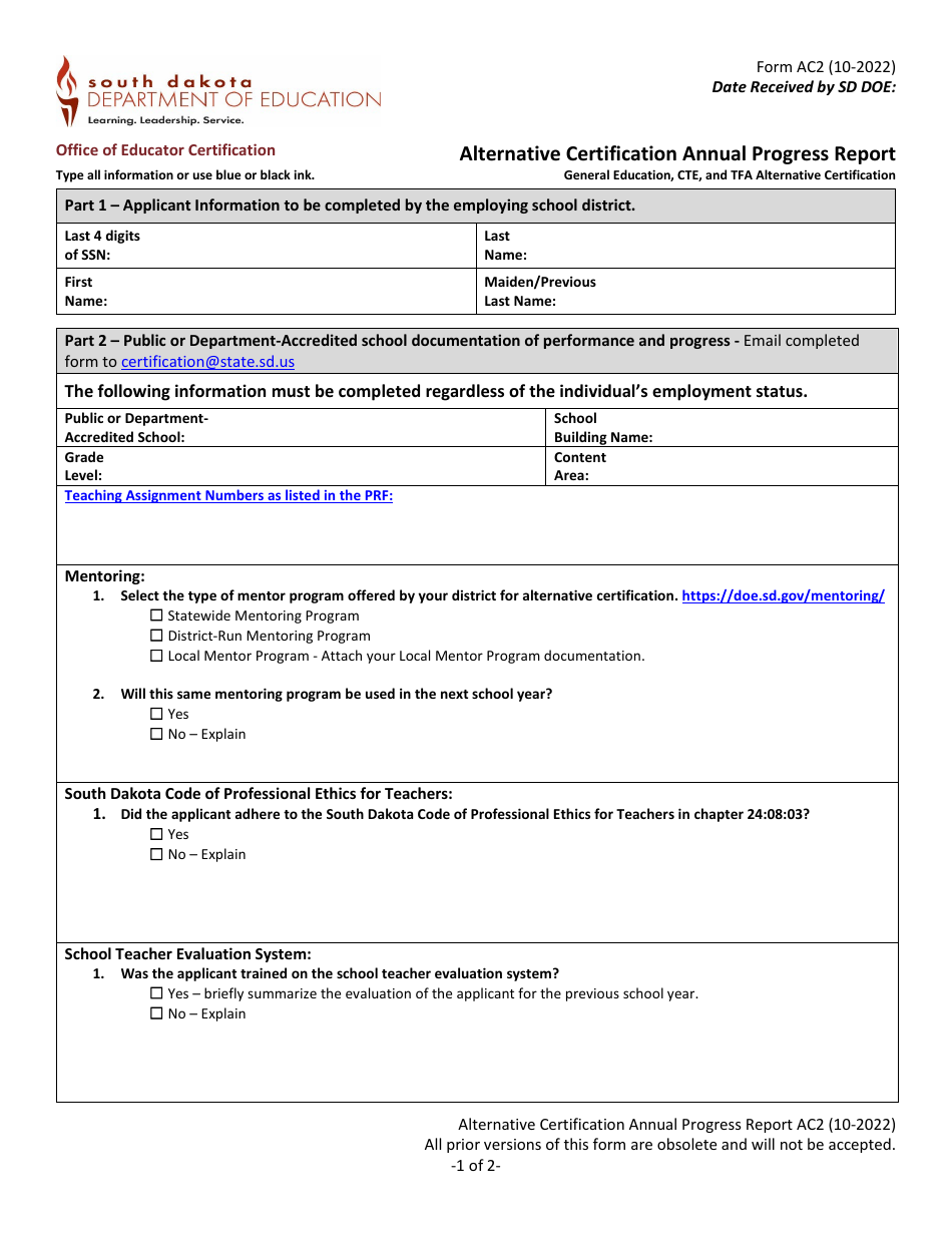 Form AC2 Alternative Certification Annual Progress Report - General Education, Cte, and Tfa Alternative Certification - South Dakota, Page 1