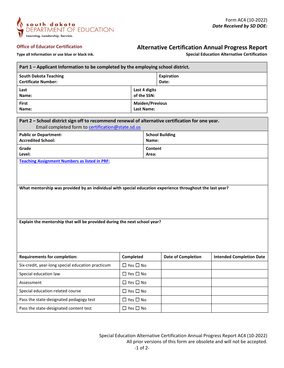 Form AC4 Alternative Certification Annual Progress Report - Special Education Alternative Certification - South Dakota, Page 1