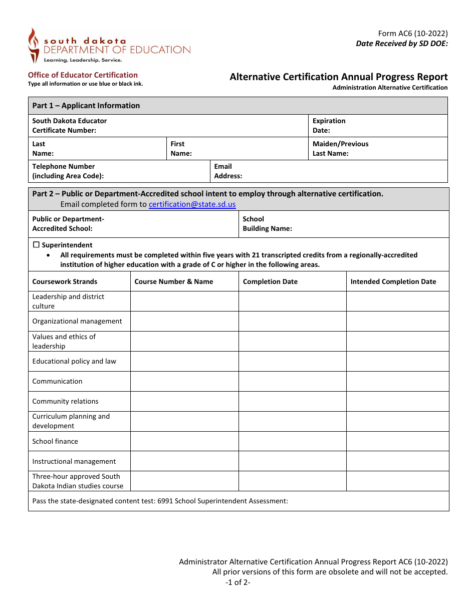 Form AC6 Download Fillable PDF or Fill Online Alternative Certification