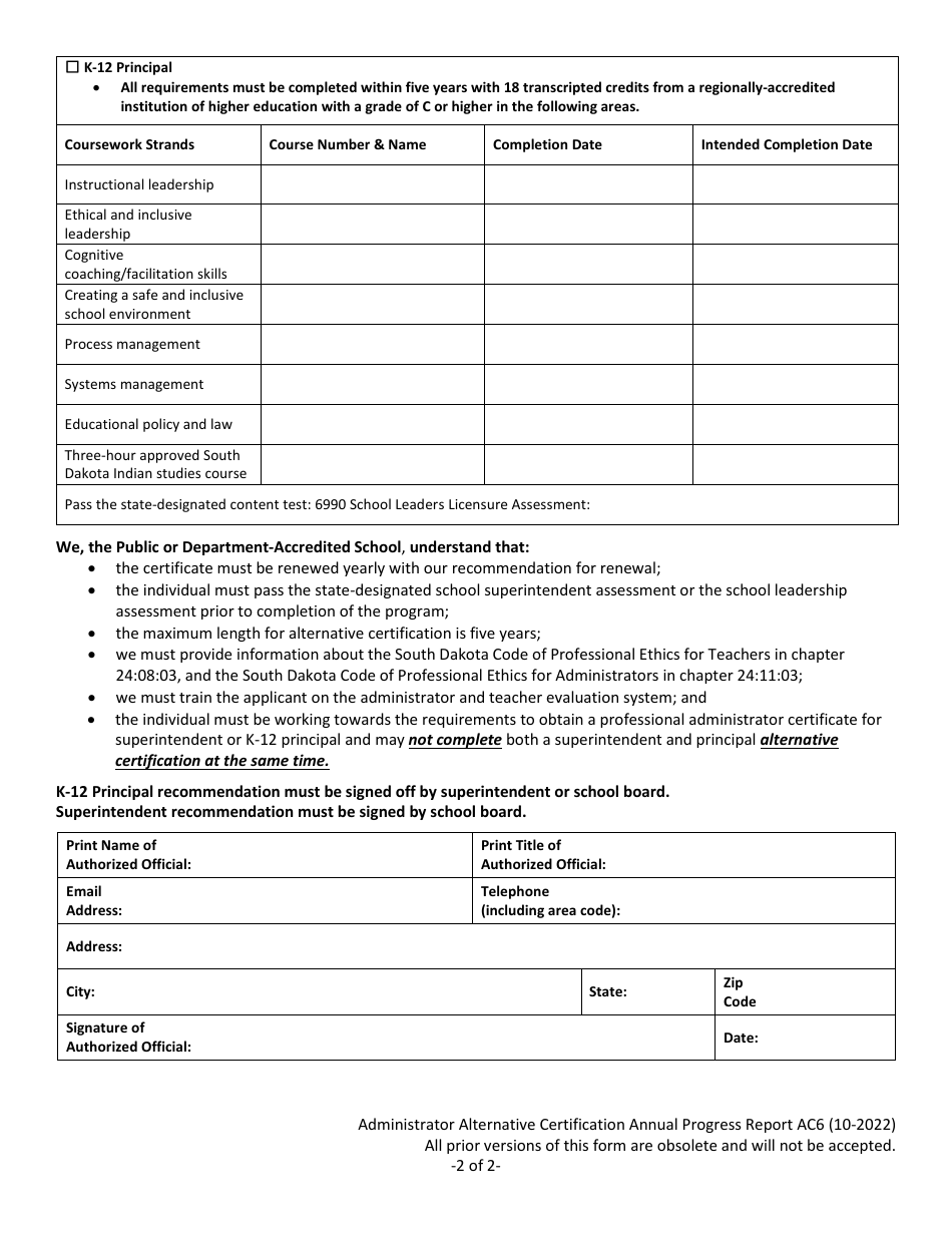 Form AC6 Alternative Certification Annual Progress Report - Administration Alternative Certification - South Dakota, Page 2