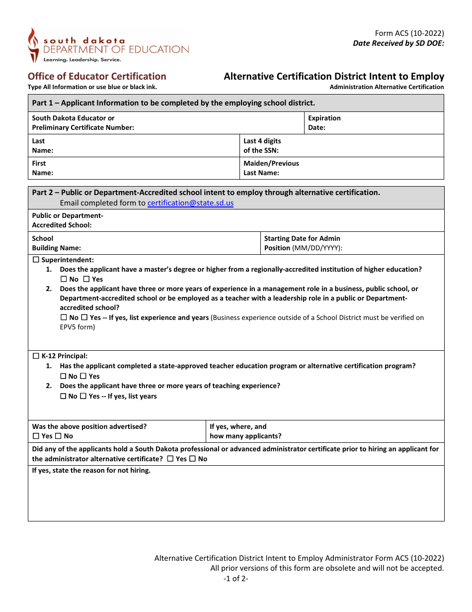 Form AC5 Download Fillable PDF or Fill Online Alternative Certification