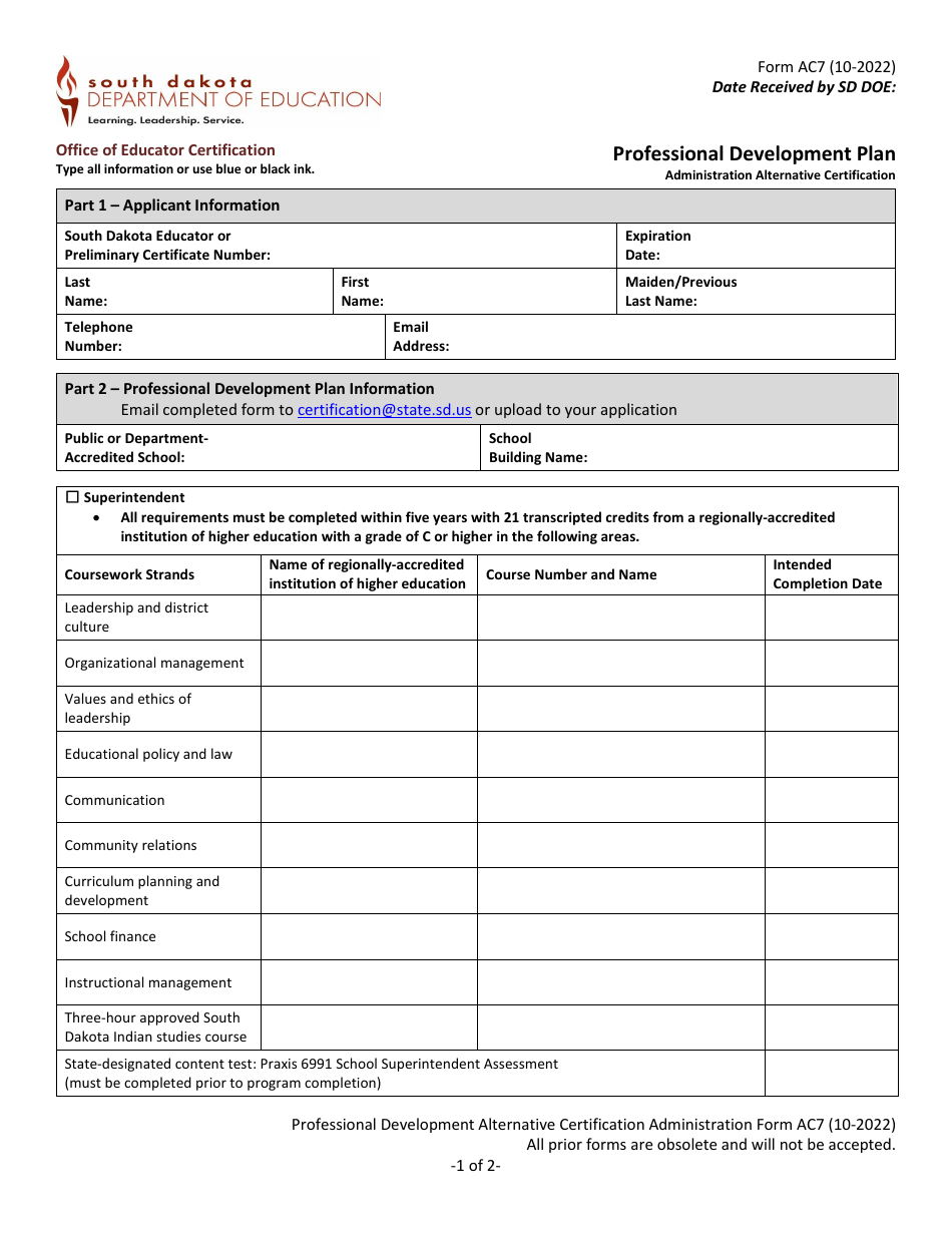 Form AC7 Professional Development Plan - Administration Alternative Certification - South Dakota, Page 1
