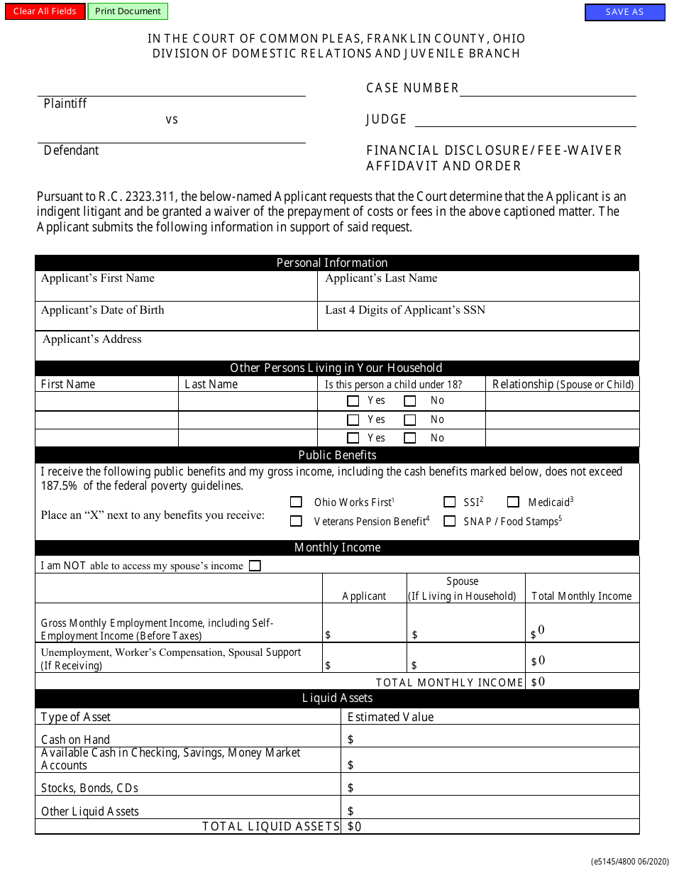 Form E5145 / 4800 Financial Disclosure / Fee-Waiver Affidavit and Order - Franklin County, Ohio, Page 1