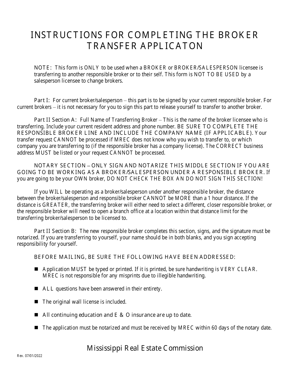 Mississippi Broker Transfer Application Fill Out, Sign Online and Download PDF Templateroller