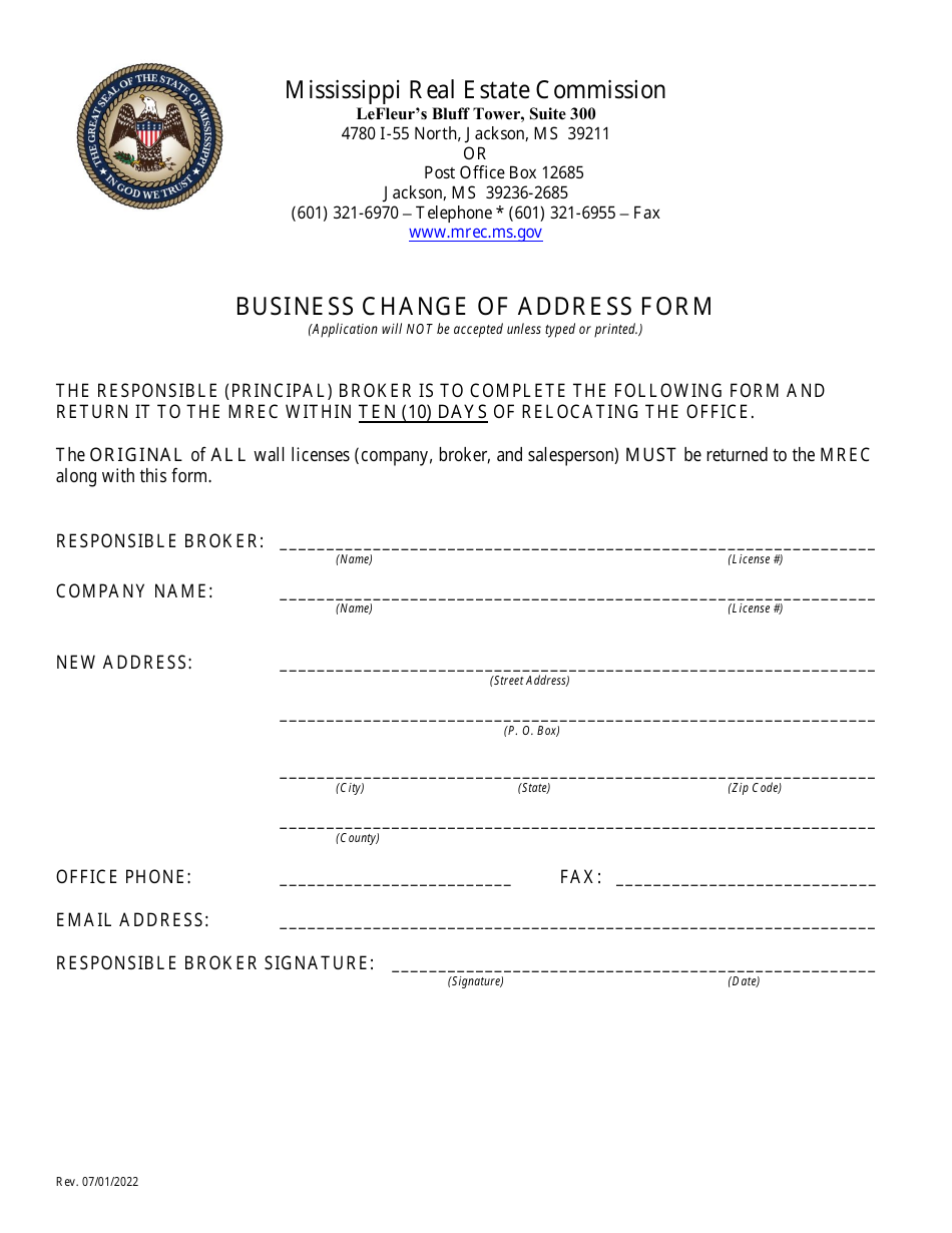 Business Change of Address Form - Mississippi, Page 1