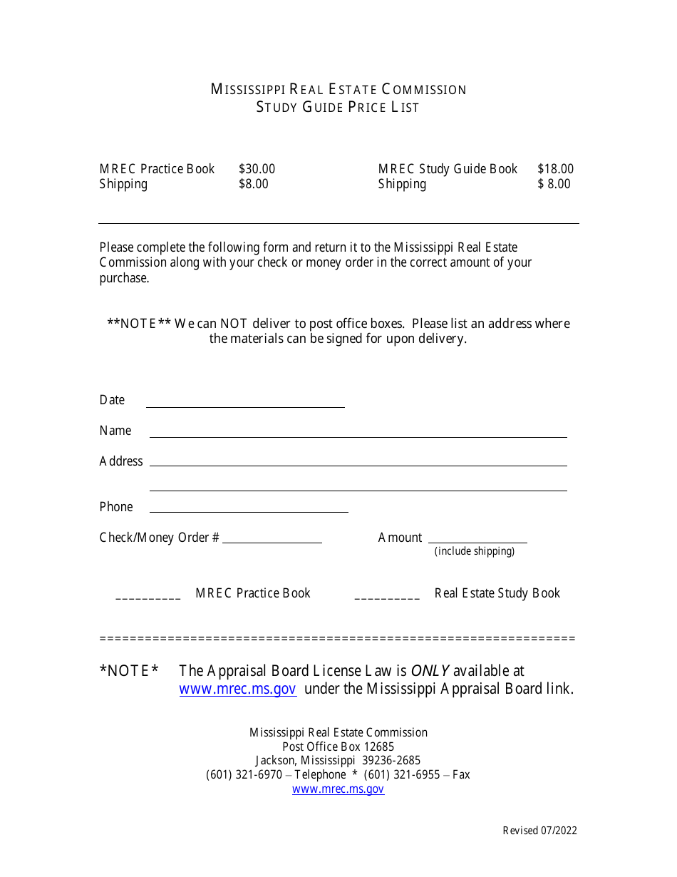 Mississippi Study Guide Price List Fill Out, Sign Online and Download