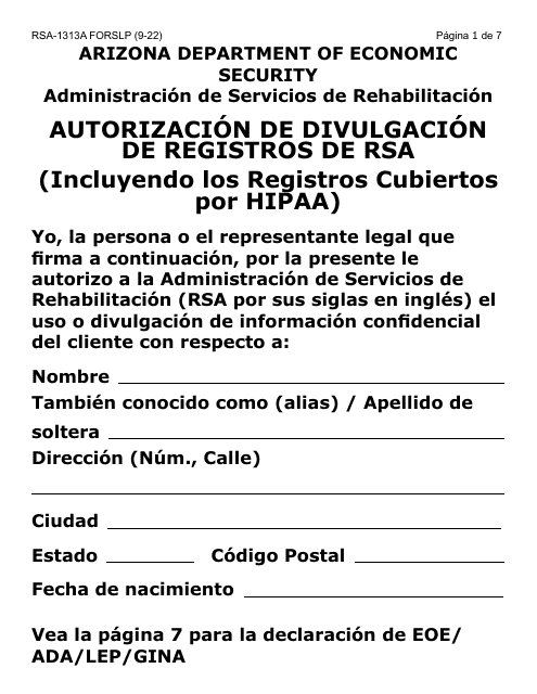 Formulario RSA-1313A-SLP Autorizacion De Divulgacion De Registros De Rsa - Letra Grande - Arizona (Spanish)