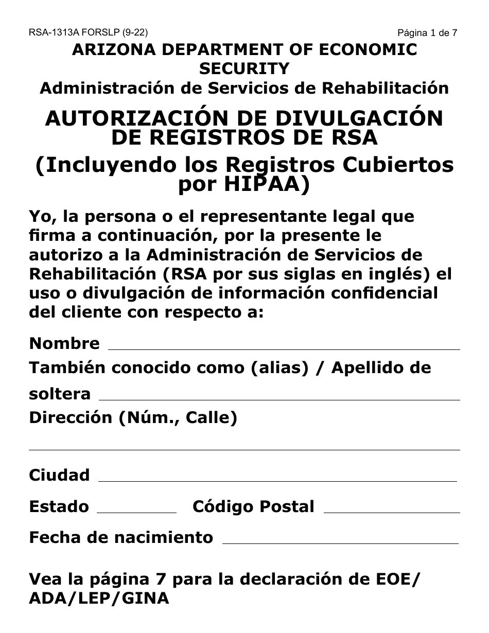 Formulario RSA-1313A-SLP Autorizacion De Divulgacion De Registros De Rsa - Letra Grande - Arizona (Spanish), Page 1