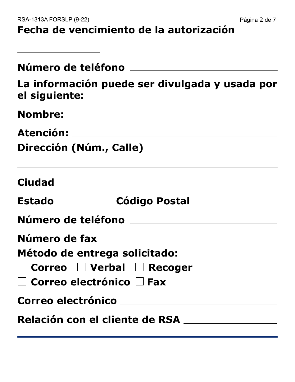 Formulario RSA-1313A-SLP Autorizacion De Divulgacion De Registros De Rsa - Letra Grande - Arizona (Spanish), Page 2