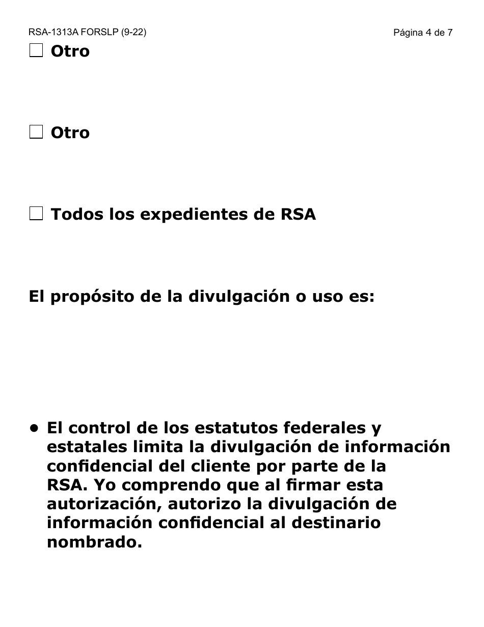 Formulario RSA-1313A-SLP Autorizacion De Divulgacion De Registros De Rsa - Letra Grande - Arizona (Spanish), Page 4