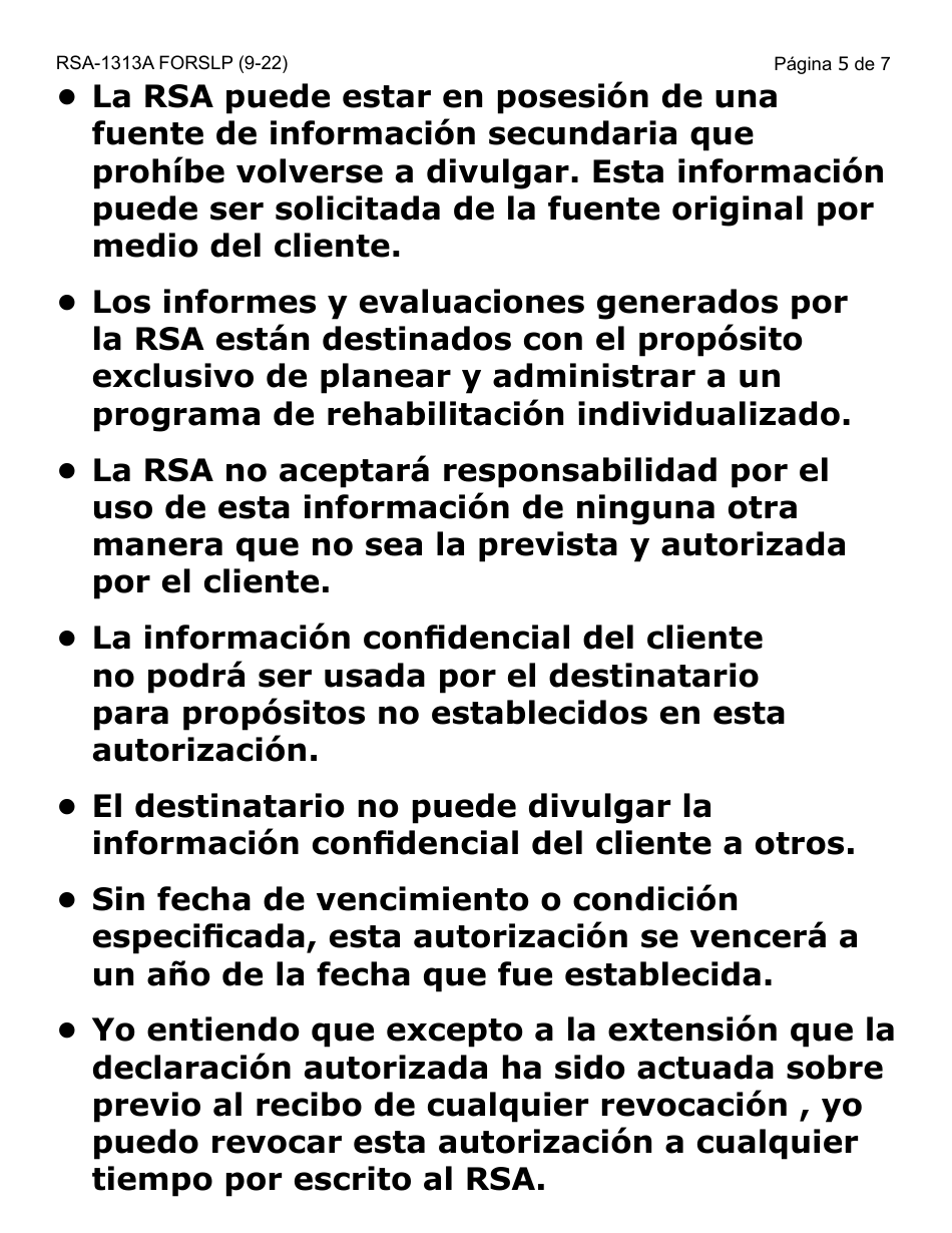 Formulario RSA-1313A-SLP Autorizacion De Divulgacion De Registros De Rsa - Letra Grande - Arizona (Spanish), Page 5