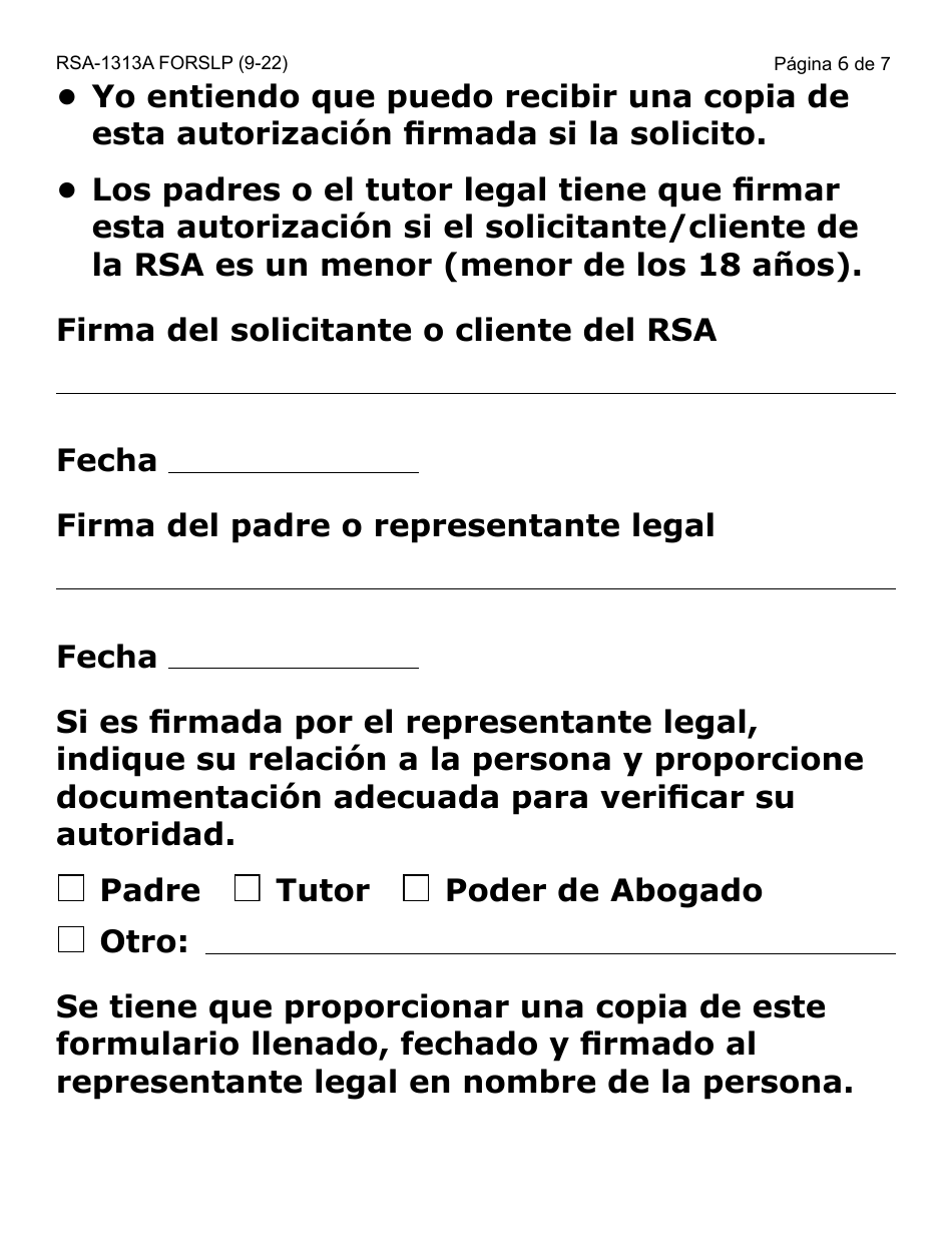 Formulario RSA-1313A-SLP Autorizacion De Divulgacion De Registros De Rsa - Letra Grande - Arizona (Spanish), Page 6