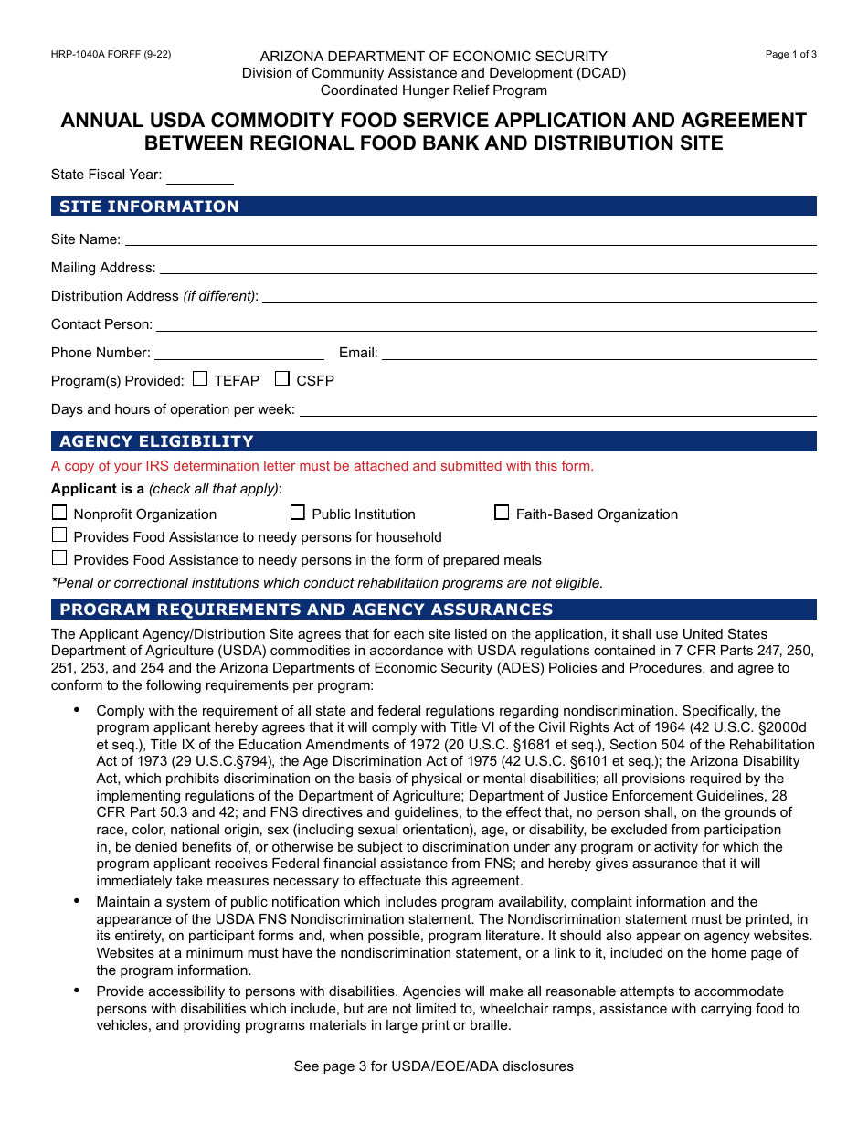 Form HRP-1040A Annual Usda Commodity Food Service Application and Agreement Between Regional Food Bank and Distribution Site - Arizona, Page 1