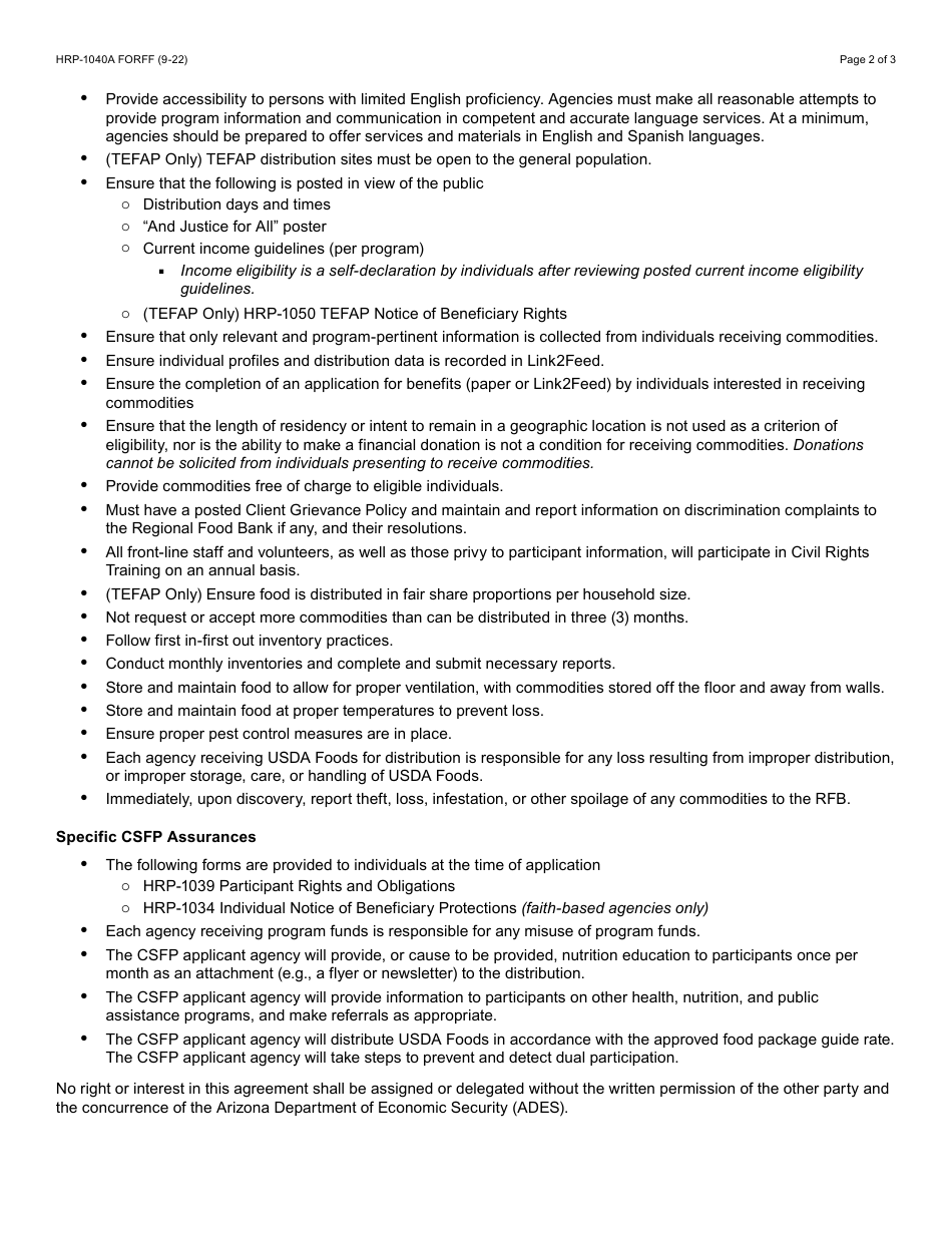Form HRP-1040A Annual Usda Commodity Food Service Application and Agreement Between Regional Food Bank and Distribution Site - Arizona, Page 2